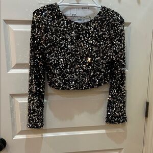 Olivaceous Black Sequin Long-Sleeve Crop Top